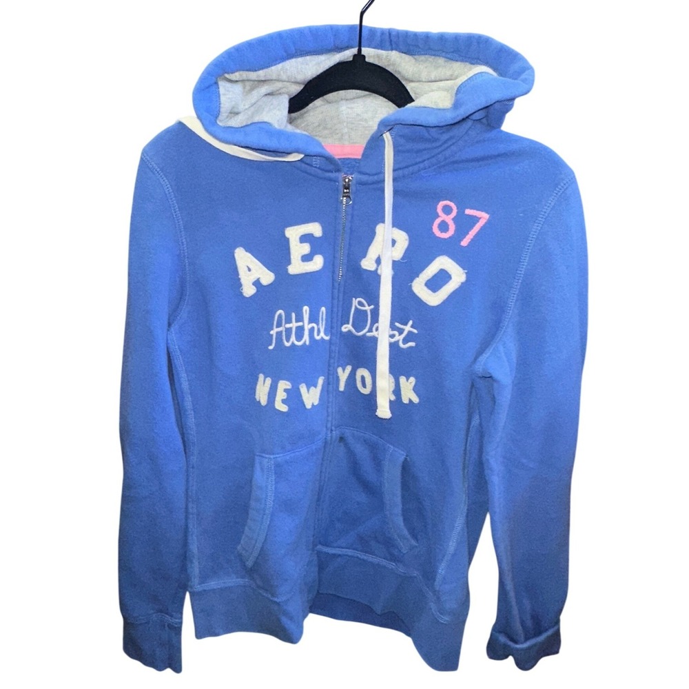 Aeropostale Zip Hoodie Blue Pink Y2K Logo Full Zip Sweatshirt Applique Embroid L